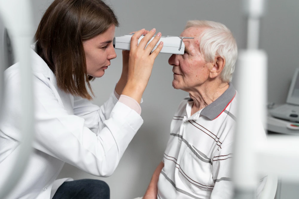 A senior man having their eye check-up by a Calgary professional
