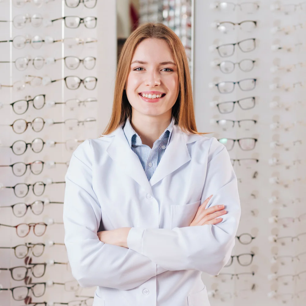 Positive eye doctor with a background of eye glasses
